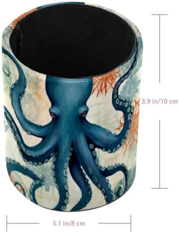 Large Capacity Pen Holder for Desk, Leather Pencil Holder Pen Cup Marker Holder Makeup Brush Holders, Desk Accessories Organizers for Home, School & Office, Nautical Octopus Vintage