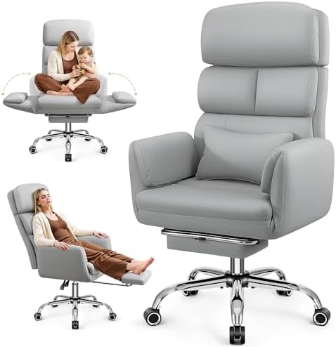 Big and Tall Office Chair 500LBS, Ergonomic High Back Leather Executive Chair, Reclining Swivel with Adjustable Armrests Lumbar Support Footrest, Cross Legged, Light Gray