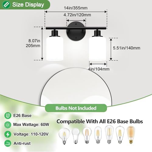 Zarbitta 2-Light Bathroom Light Fixtures,Black Modern Vanity Lights with Milky White Frosted Glass Shades,Bathroom Wall Lamp for Mirror Kitchen Living Room Hallway Cabinet Porch