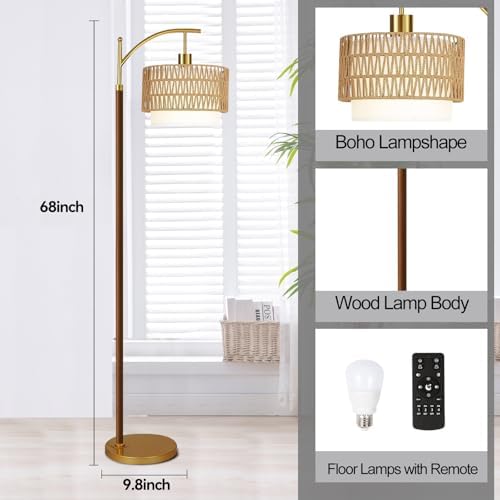 ZECOXOL Boho Floor Lamps for Living Room Rattan Floor lamp with Remote Control & 3 Color Temperatures,Vintage Wood Mid Century Modern Standing Lamp Dimmable Tall Floor Lamp for Bedroom Corner