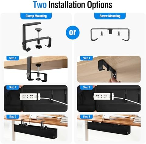 Under Desk Cable Management Tray, 36-Inch Heavy Duty No-Drill Clamp & Screw Mount Cord Organizer, Holds Power Strip & Large Adapters for Home Office, Gaming Desk, Study Room
