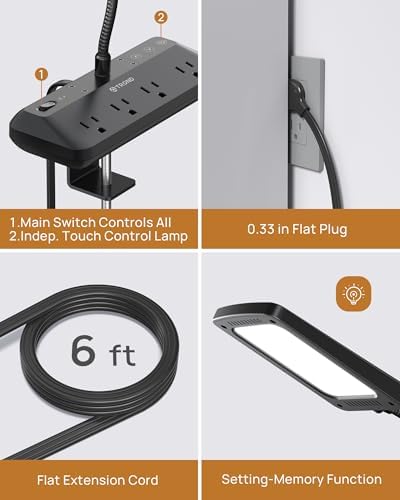 TROND LED Desk Lamp with Clamp Power Strip, 6ft Flat Plug Extension Cord
