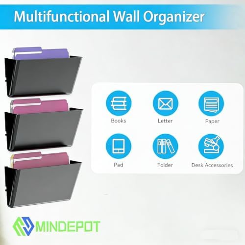 MINDEPOT 3 Pockets Acrylic Wall File Organizer, Wall File Holder Black