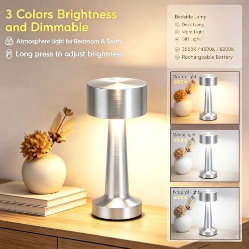 HPUFKOT Portable LED Table Lamp, 3-Levels Brightness Metal Desk Lamp,3 Color Touch Control Rechargeable Lamp, Ideal Bedside Lamp for Nightstand,Bedroom, Living Room (Silver)