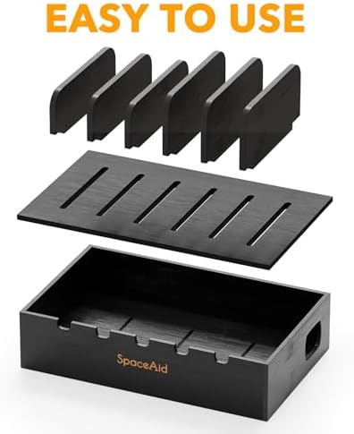 SpaceAid Bamboo Charging Station for Multiple Devices, Cell Phone Docking Stations for Multi Laptop, Tablets and iPads, Nightstand Bedside Desk Device Charger Organizer (Black)