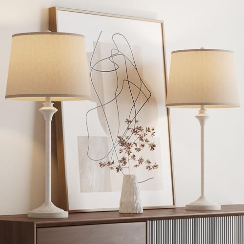 Maxax Farmhouse Table Lamps Set of 2 for Living Room, Antique White Metal Buffet Lamps with Oatmeal Shade Decor, 26" Tall Skinny Bedside Nightstand Lamps for Bedroom