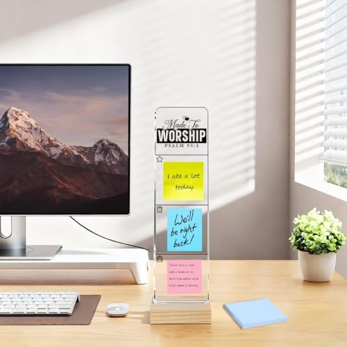 Sticky Note Holder, Monitor Memo Board, Acrylic Post It Note Holder with Wooden Base, Includes 100 Notes, Desk Organizer, Christian Quote “Made to Worship” Psalm 95:1