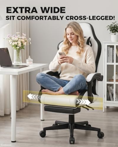 LUCKRACER Gaming Chair with Pocket Spring Cushion and Footrest, PU Leather 90°-155° Reclining Computer Chair, 4.5" Height Adjustment, Ergonomic Office Chair with Lumbar Support, White