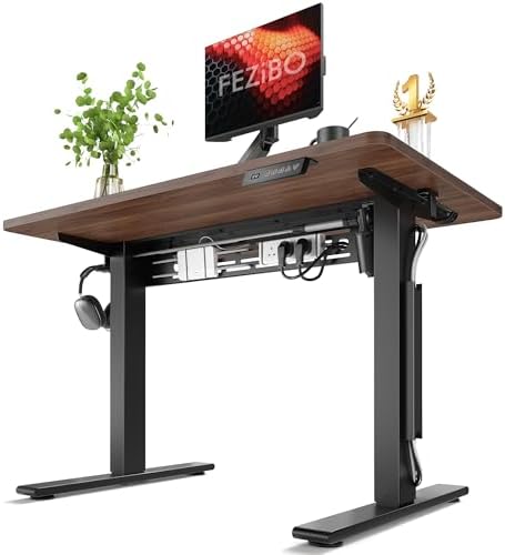 FEZIBO Electric Standing Desk with L-Shaped Crossbar & Cable Management System, 40 x 24 Inches Sit Stand up Desk, Adjustable Height Standing Desk for Home Office, Black Walnut