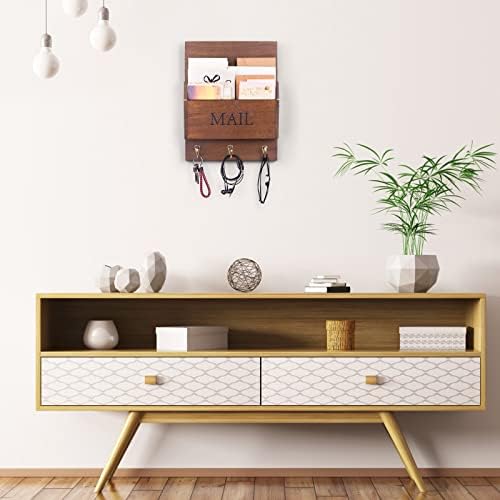 DLQuarts Solid Wood Mail Organizer with Key Holder for Wall, Mail Sorter Wall Mounted, Decorative Wooden Key and Mail Holder with 3 Hooks, Dark Brown