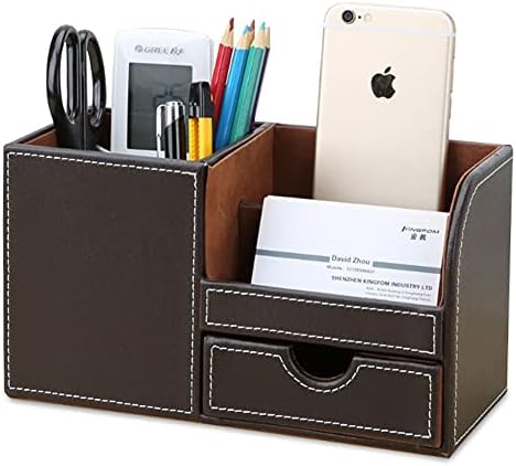 KINGFOM Desk Organizer Office Supplies Caddy Pu Leather Multi-function Storage Box Pen/Pencil,Cell phone, Business Name Cards Remote Control Holder with Small Drawer Brown