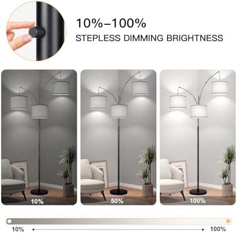Dimmable Floor Lamp, 3 Lights Black Arc Floor Lamp, Modern Tall Standing Tree Lamp with Grey Linen Shades & Heavy Base, 3000LM LED Bulbs, Bright Lighting for Living Room, Bedroom, Office & Reading