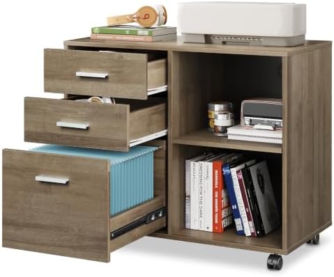 DEVAISE Wood File Cabinet, 3 Drawer Lateral Filing Cabinet, Gray Oak
