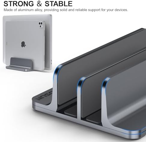 YICOSUN Dual-Slot Aluminum Vertical Laptop Stand for Desk - Adjustable Width Dock for MacBook, Surface, Samsung, HP, Dell up to 17.3 inches - Space-Saving & Protective Design - Gray