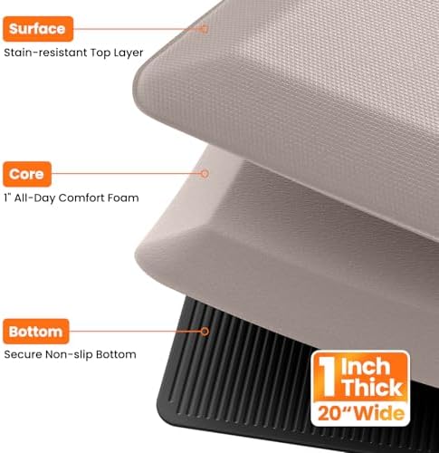 1-Inch Thick Anti-Fatigue Mat for Kitchen and Standing Desk, 20"x72", Khaki