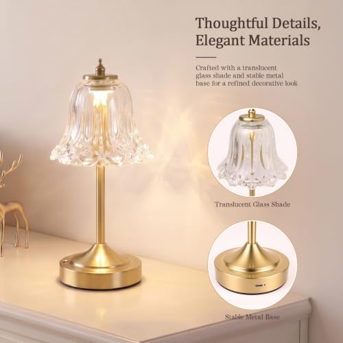 Cordless Table Lamp, Rechargeable Clear Glass Tulip Flower Touch Lamp
