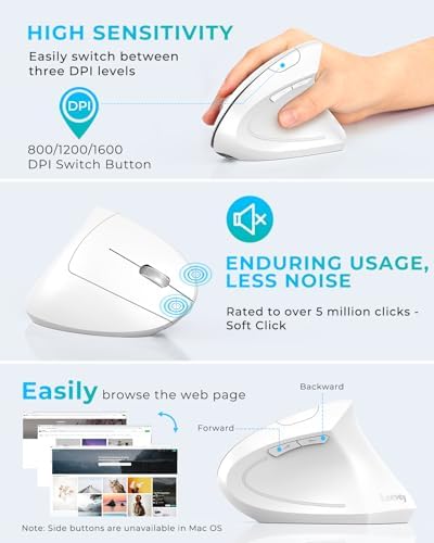 Lekvey Ergonomic Mouse, Rechargeable Vertical Wireless Mouse, White