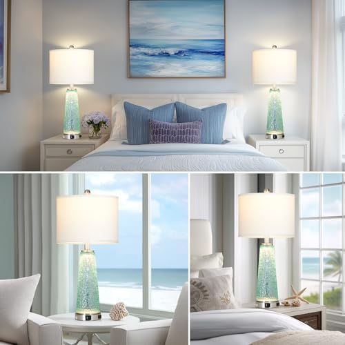 26" Coastal Table Lamps for Living Room, Glass Bedside Lamps with USB A+C Ports & Outlet, Nautical Cracked Glass Nightstand Lamp with Night Light for Bedroom End Table Blue Teal Turquoise Beach Ocean