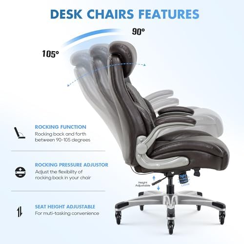 COLAMY Office Ergonomic Desk High Back Executive Chair with Pop-Out Lumbar Support, Upgraded Casters, Adjustable Headrest, Flip-Up Arms, Leather Home with Thick Cushion for Comfort - Brown