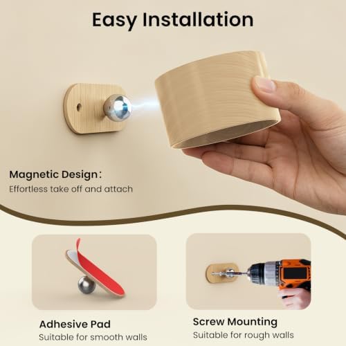 Koopala LED Sconces, Wall Mounted Lamps with Rechargeable Battery Operated USB Port 3 Color Temperatures & 3 Brightness Levels 360°Rotate Magnetic Ball, Cordless Lights for Reading Bedside