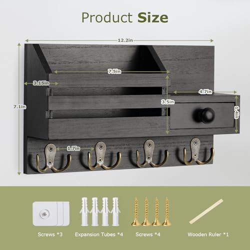 Key Holder Wall Mount, Wooden Key and Mail Organizer, Black