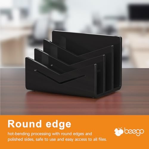 Beego Envelope and Mail Organizer Countertop - 3 Compartments Black Acrylic Desk Organizer Letter Holder Desktop File Sorter Bill Document Folder Rack for Office, Home, School Desk Organization