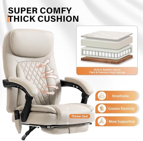 500LBS Massage Office Chair, Reclining 6 Points Vibration and Heat Desk Chair with Foot Rest, Ergonomic Executive Office Chairs, Comfy Wider & Thicker Seat, Big and Tall Gaming Chair, PU Leather Beige