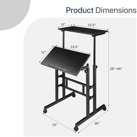 Height Adjustable Rolling Laptop Stand Table, 28-46 in for Young and Adults, Tiltable Keyboard Tray and Locking Casters for Home and Office