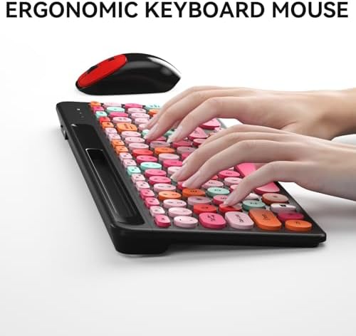 Retro Typewriter Wireless Keyboard with Round Keycaps, 2.4GHz Compact USB Cute Wireless Keyboard and Mouse Combo for Desktop, Laptop and Computer