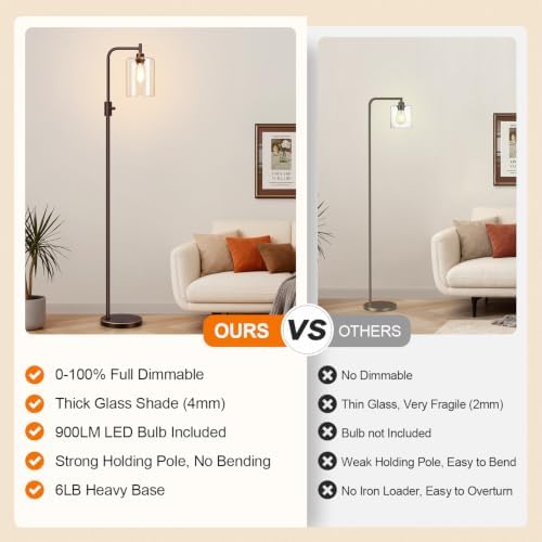 【Upgraded】 Dimmable Floor Lamp for Living Room with Glass Lampshade, Brown with GoldEdge Modern Floor Lamp with 900LM LED Bulb Included, Standing Tall Lamp for Bedroom, Office, Reading Room, Corner