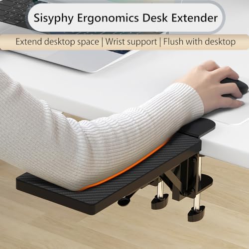 Sisyphy Ergonomics Desk Extender Tray, 11.8x5.9" Punch-Free Clamp on, Foldable Keyboard Drawer Tray, Table Mount Arm Wrist Rest Shelf, Computer Elbow Arm Support