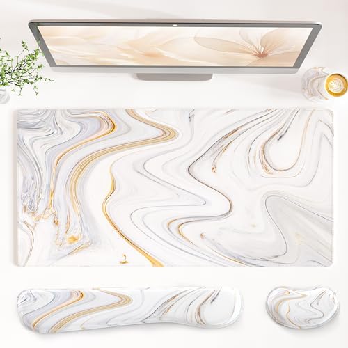 QiyI PU Leather Desk Mat Set, 4-in-1 Ergonomic Wrist Rest, Marble Stripes