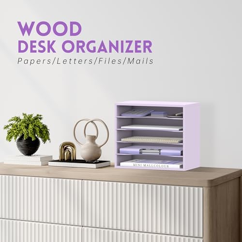 5 Tier Wood Desk Organizer, Paper Organizer for Desk, Purple