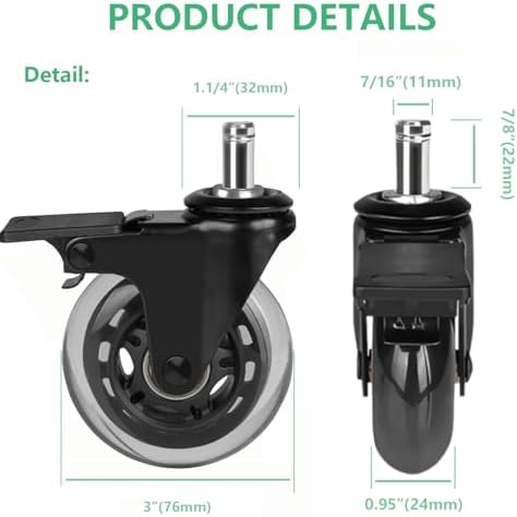8T8 3" Office Chair Caster Wheels with Brakes Heavy Duty, Set of 5,Replacement Universal Rolling Chair Wheels for Hardwood Floors Carpet, Rubber Desk&Gaming Chair Casters with Locks