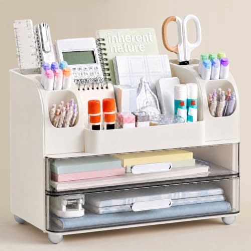 HBlife Desk Organizer with Pencil Pen Holder for Desk, Pen Organizer with 2 Drawers, Desk Organizers and Accessories with Compartments, Desktop Storage for Office, Home, School, Art Supplies, White