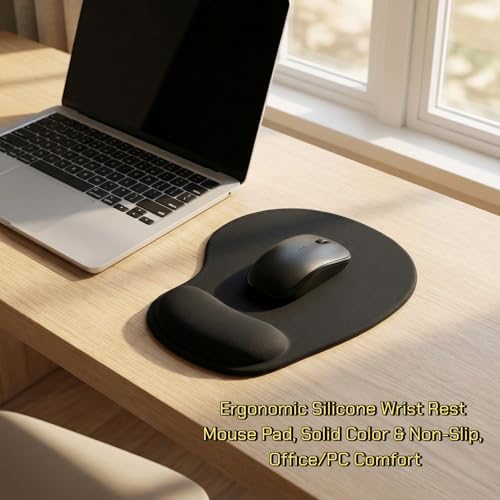 Silicone Wrist Rest Mouse Pad, Ergonomic Memory Foam Cushion, Non-Slip Rubber Base, Surface for Office, Gaming, Home - Comfortable Support to Reduce Wrist Fatigue (Black) 1Pcs