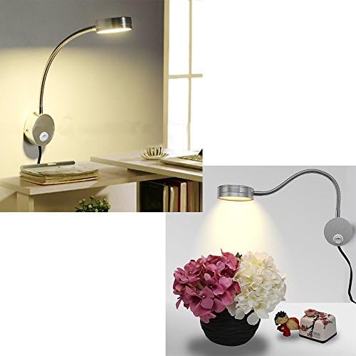 5W Wall Mounted Reading Light Flexible Gooseneck LED Sconce Lamp with Plug & Switch for Bedroom, Office, Workbench, Studio (03 Silver Warm)