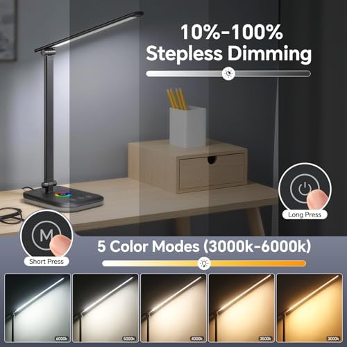 Bright LED Desk Lamp for Office Home, 10%-100% Dimmable Brightness & 5 Color, 800 Lumen Puzzle Light, Eye Caring Desk Light for Reading, Craft, Puzzl, Daily Use | USB desk lamp | 45 Min Timer | RGB