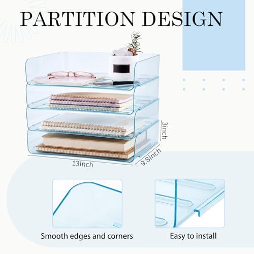 Harloon 4 Tier Clear Blue Acrylic Paper Organizer Letter Tray, Aesthetic Stackable Desk File Organizer Paper Holder Office Tray for A4, Modern Classroom Office Home File Pad Books Notes