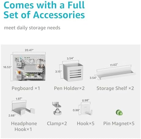 PEGZONE Clamp on Desk Pegboard, 20.4" x 16.5", with 15 Accessories, White