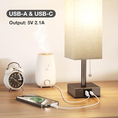 Brown Bedside Table Lamp for Bedroom - Desk Lamp For Nightstand, USB C+A