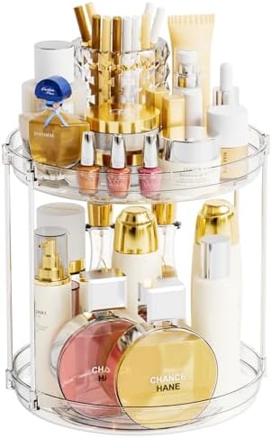 Yieach Clear 360 Rotating Bathroom Counter Organizer,2 Tier Spinning Perfume Organizer and Makeup Tower for Lotion,Hair,Face Skincare Beauty Products,Tiered Lazy Susan and Makeup Organizers for Vanity