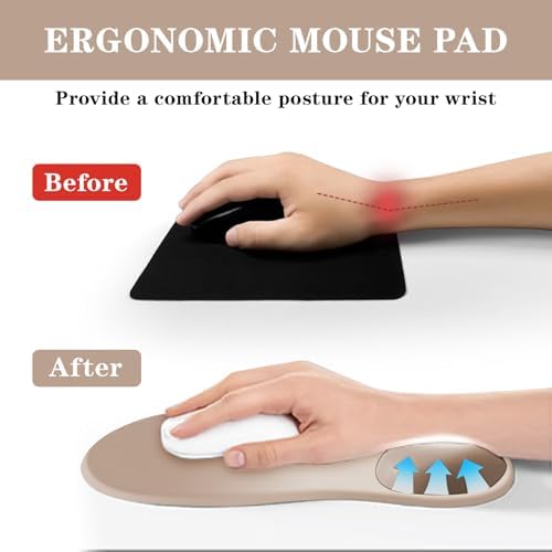 Mouse Pad with Wrist Rest,Ergonomic Mouse Pad with Comfortable Gel Wrist Rest Support and Non-Slip PU Base for Easy Typing Pain Relief, Durable and Washable (Khaki‌ Apricot)