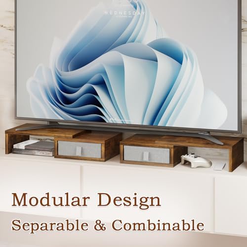 TEAMIX Dual Monitor Stand Riser - Length and Angle Adjustable White Monitor Stand with 2 Drawers to Storage Large Computer Riser for 2 Monitors/Laptop/PC, Wood Screen/TV Stand Desk Organizer (Brown)