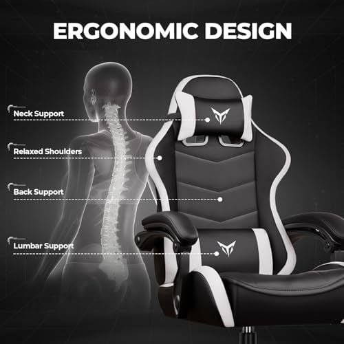 GTPLAYER Gaming Chair for Adults, Big and Tall 300LBS Heavy Duty Office Chair, Ergonomic High Back Lumbar Support and Wide Comfy Cushion with Linkage Armrests for Home Office, White