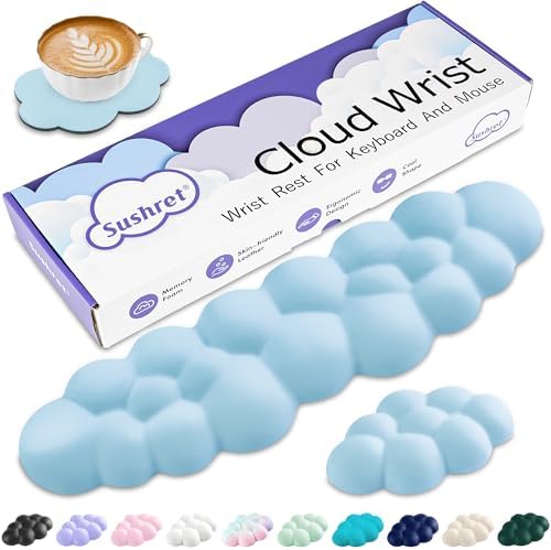 Sushret Cloud Wrist Rest Keyboard, Cloud Keyboard Wrist Pad Set with PU Leather Memory Foam, Cute Arm Rest for Palm Support, PC/Gaming Desk Accessories/Office Setup/Computer Hand Cushion - Blue