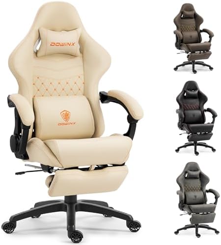 Dowinx Big & Tall Vintage Gaming Chair for Adults, 400 lb Capacity Heavy Duty Ergonomic Computer Chair with Dual Extended Footrest & Massage, Ivory White