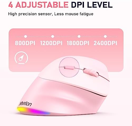 MEETION Left-Handed Ergonomic Mouse, Vertical RGB Design, Pink for Right