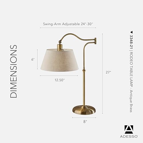 Adesso Table Lamp, Antique Brass & Cream, Adjustable Arm, 27”