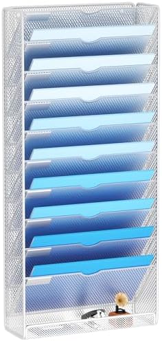 Hanging Wall File Organizer 10 Tier Wall Mounted File Holder Document Wall Organizer Magazine Organization for Office Home, Silver